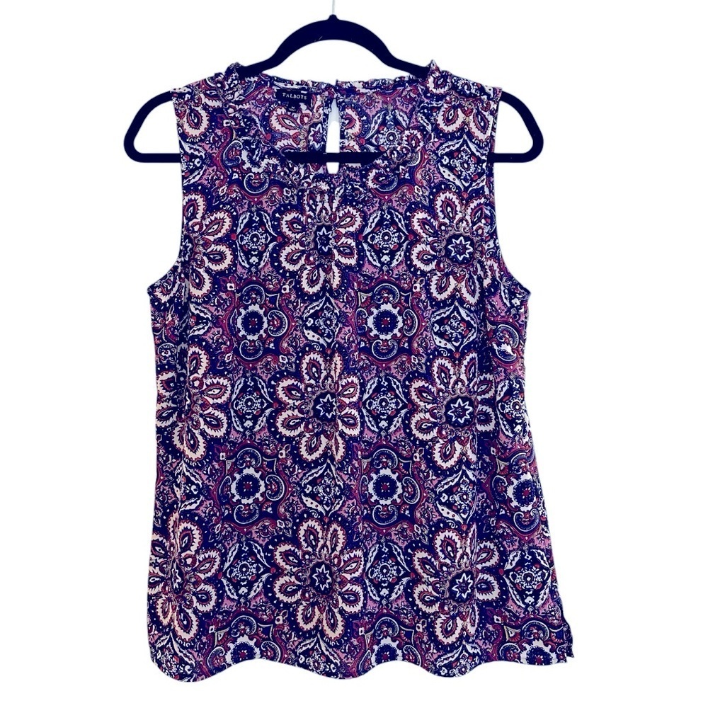 Talbots boho paisley ruffle neck ruched sleeveless top Medium